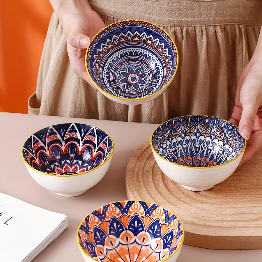 Handmade Bohemian ceramic bowl gift set featuring vibrant orange and blue mandala design. Ideal for serving cereal, ice cream, or pasta. Includes 2/4/6 bowls with elegant storage box. Perfect for holiday gatherings, Christmas, or Thanksgiving.