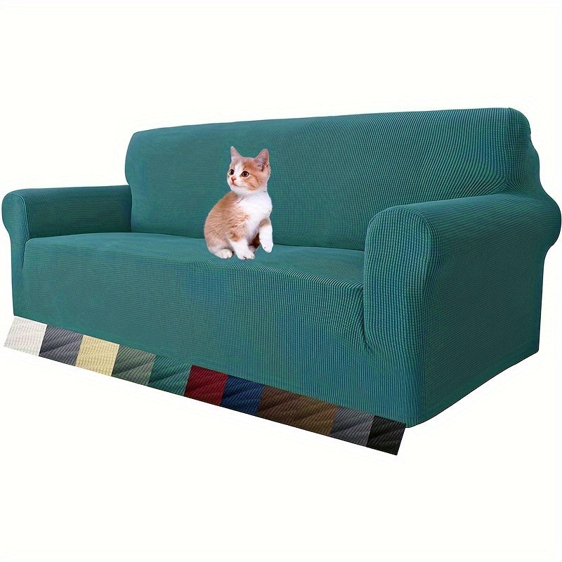 Jacquard fitted sofa slipcover with elastic band, machine washable polar fleece fabric. Compatible with various sofa sizes. Protects furniture from dust and cat scratches.