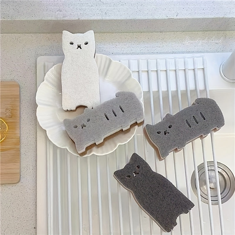 4 piece cat sponge set for kitchen - durable tools for dishwashing and cleaning.