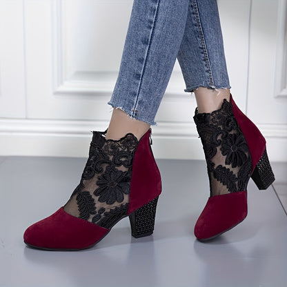 Women's Floral Lace Pattern Boots with Back Zipper, Chunky Heel, and Round Toe