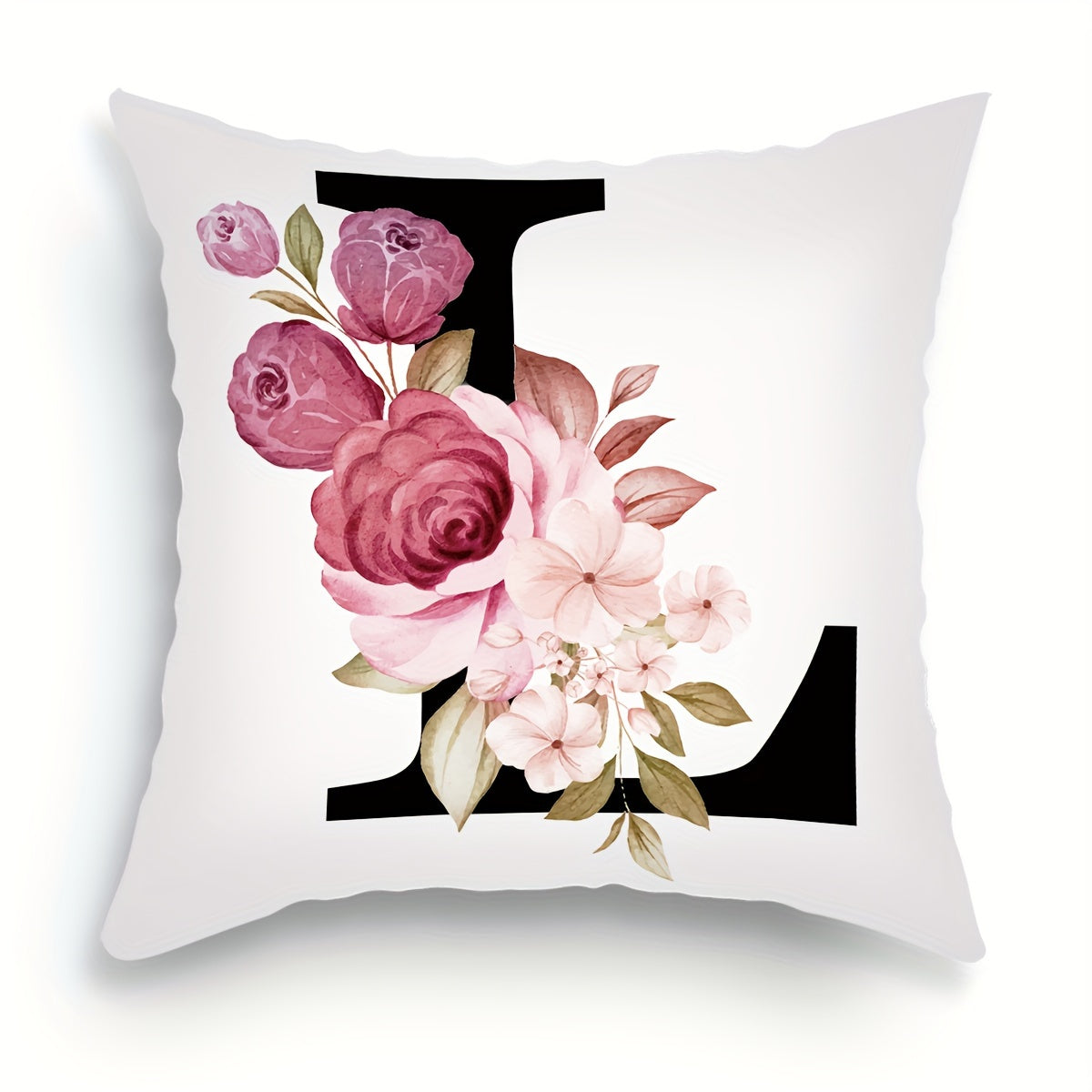 English letter flower print pillowcase for sofa cushions, 45.72cm x 45.72cm.