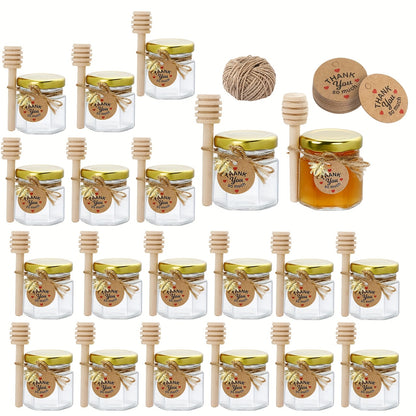 Small hexagonal glass honey jars come in 1.5 oz sizes in sets of 20, 30, 50, or 60. Each jar includes a spoon, bee symbol, and thank you card. They have golden lids and are ideal for baby gifts, weddings, and parties.