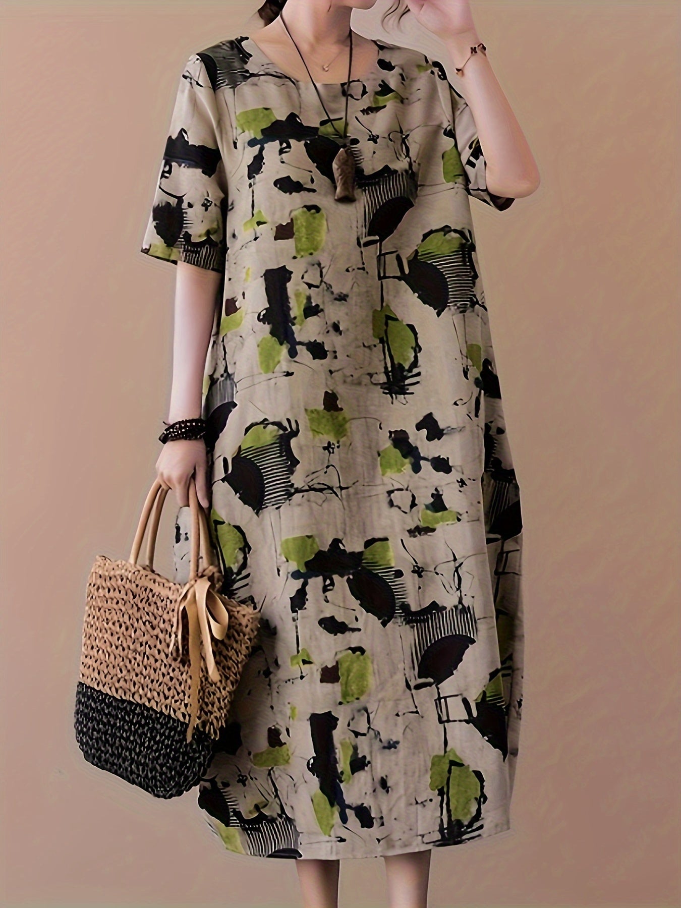 Elegant linen midi dress with vibrant abstract print, short sleeve, round neck, machine washable, no stretch - perfect for spring/summer/fall events.