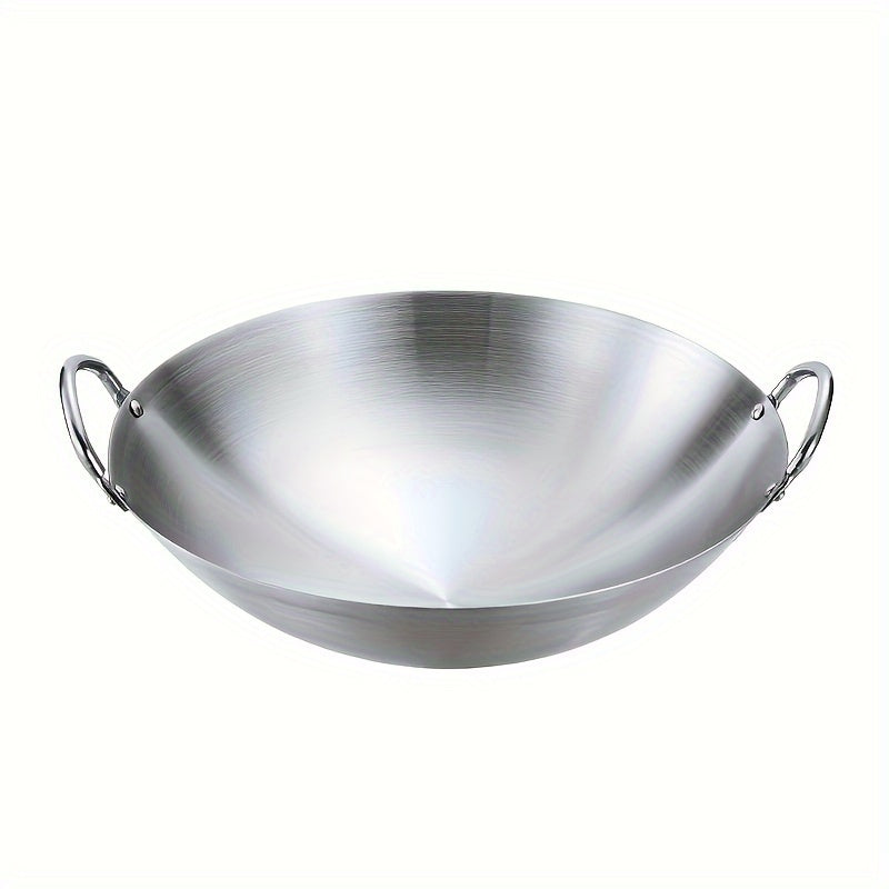 Stainless Steel Wok with Double Handles, 38.0cm Size, Heavy-duty Uncoated Pan for Restaurant-Style Cooking. Durable for Chef's Kitchen or Home Use, Easy to Clean and Food-Safe. Commercial Grade Quality.