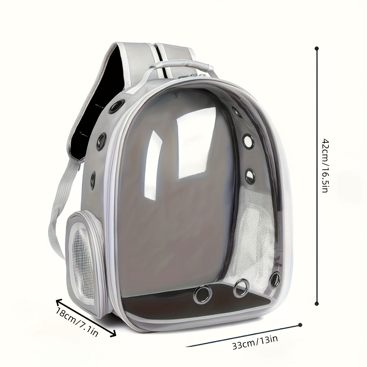 See-through PVC cat carrier backpack with breathable space capsule design and zipper closure for comfort and portability.