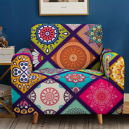 Colorful stretch sofa cover with elastic band adds a bohemian touch and protects furniture.