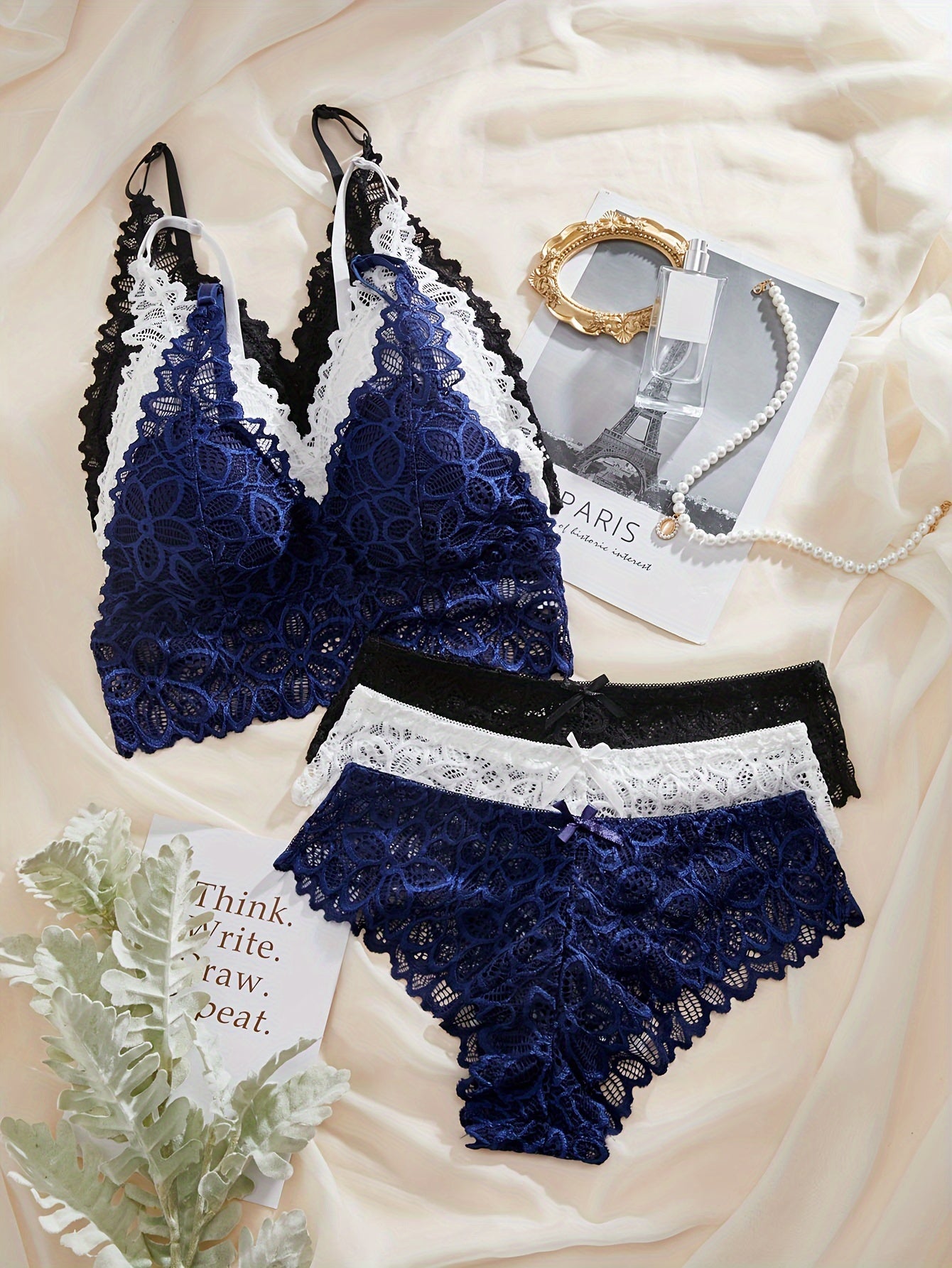 3-piece romantic floral lace lingerie set for women