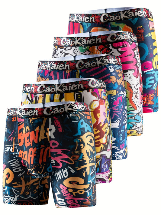 5 Vibrant Graffiti-Style Men's Long Boxer Briefs - Pop Art Inspired, Ultra-Soft Polyester Blend, Elastic Waistband