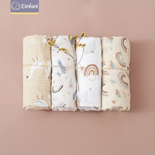 Elinfant's 4-piece Gift Set features Bamboo Muslin Swaddle Blankets in Popular Prints, along with Bath Towels sized at 120*110cm.