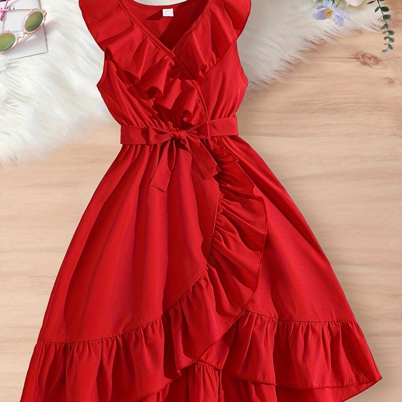 Beautiful V-neck sleeveless dress with frill trim for girls, perfect for holiday casual wear. Great summer clothing gift.