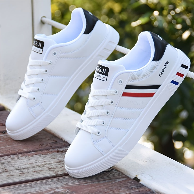 Men's classic low-top skate sneakers with a striped design, PU upper, and durable PVC sole, perfect for casual wear and everyday use. These minimalist sneakers are breathable and