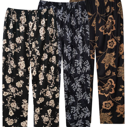 Women's Plus Size Floral Print Sleep Pants, Elastic High Waist