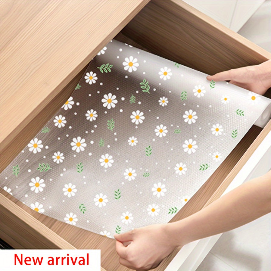 Translucent Daisy Pattern Shelf Liner for Kitchen Cabinets, Drawers, and Shoe Racks - Waterproof, Moisture-Proof, Stain & Oil Resistant, Anti-Mold, Dustproof - Non-Adhesive EVA Mat - 1 Roll