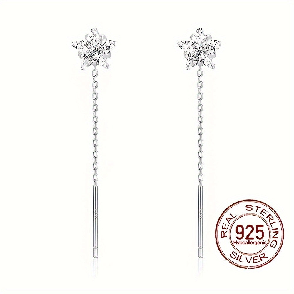 925 Sterling Silver Hypoallergenic Cube Earrings with Shiny Zirconia Decor, Chain Design Dangle, Elegant and Simple Style, Perfect Female Gift