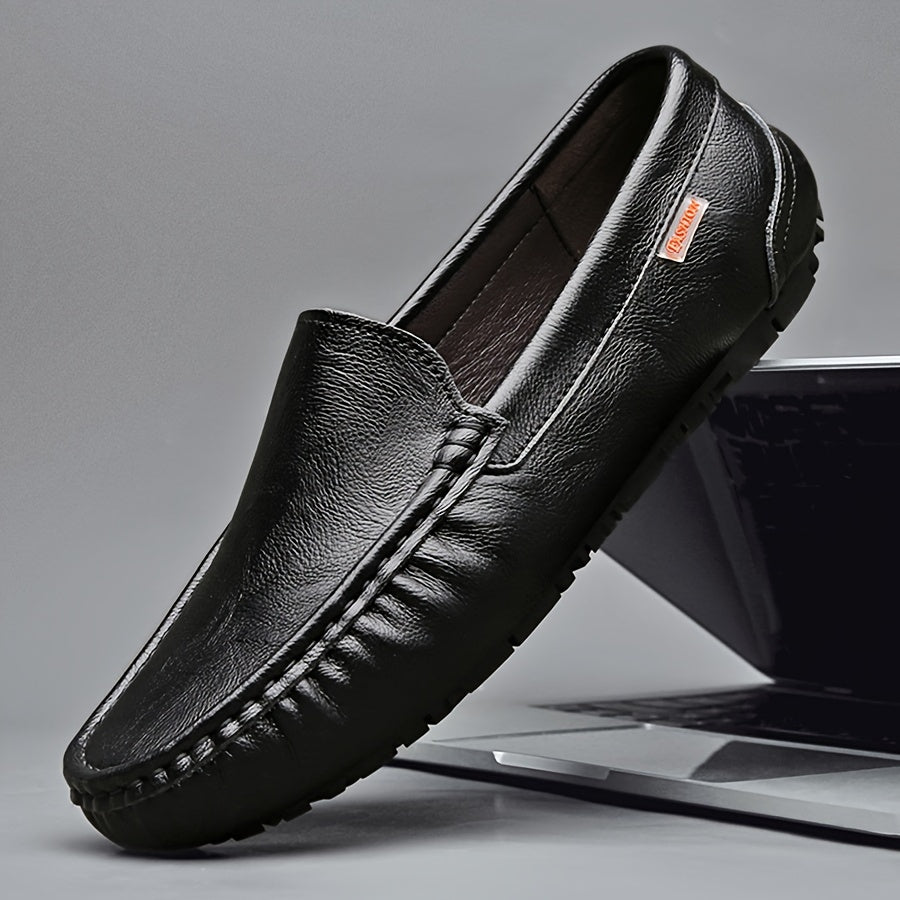 Genuine leather loafers for men with casual slip-on style, square toe, rubber sole, comfortable PU insole, suitable for all seasons.