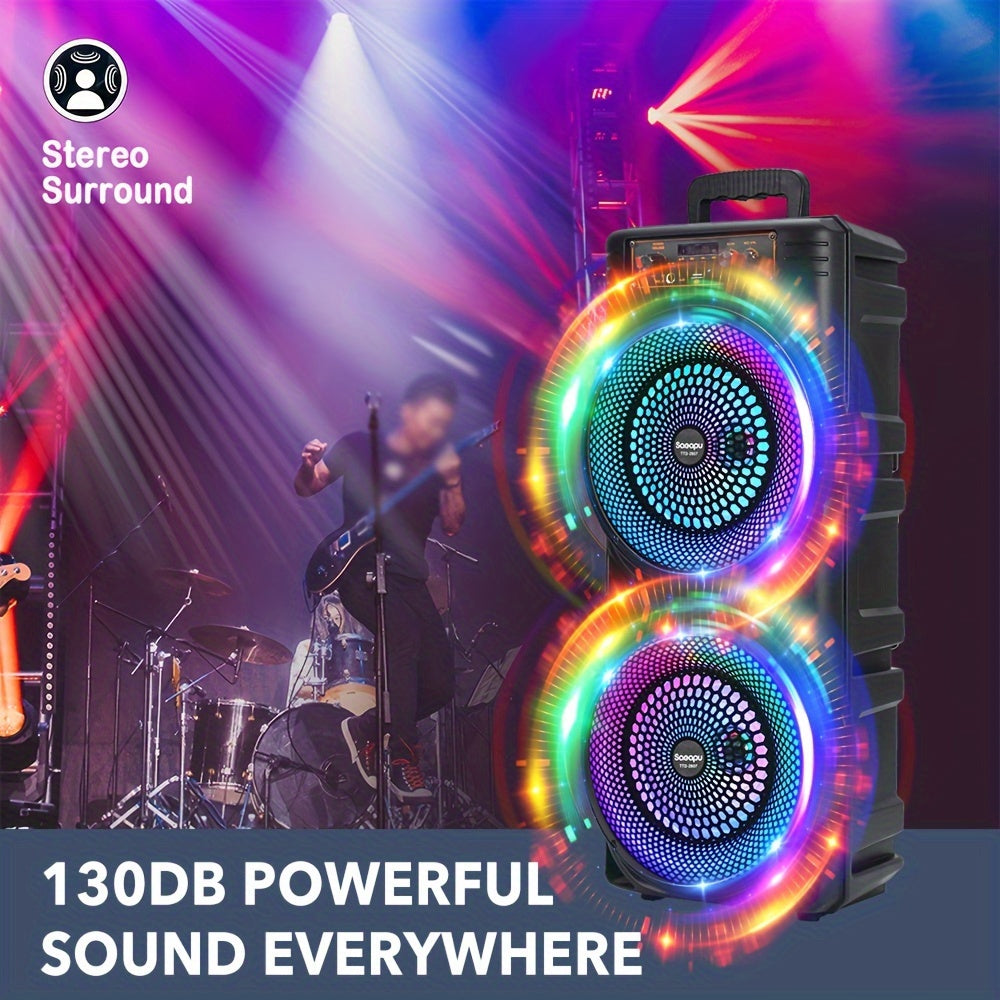 High-power portable stereo speaker with LED lights, USB, wireless connectivity, bass boost, hi-res audio, button control, rechargeable lithium battery. Suitable for music players, TVs