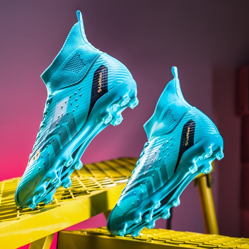 Kids' high-top soccer cleats featuring long studs, anti-slip design, breathable PU upper, TPU sole, and lace-up closure for all sports seasons.