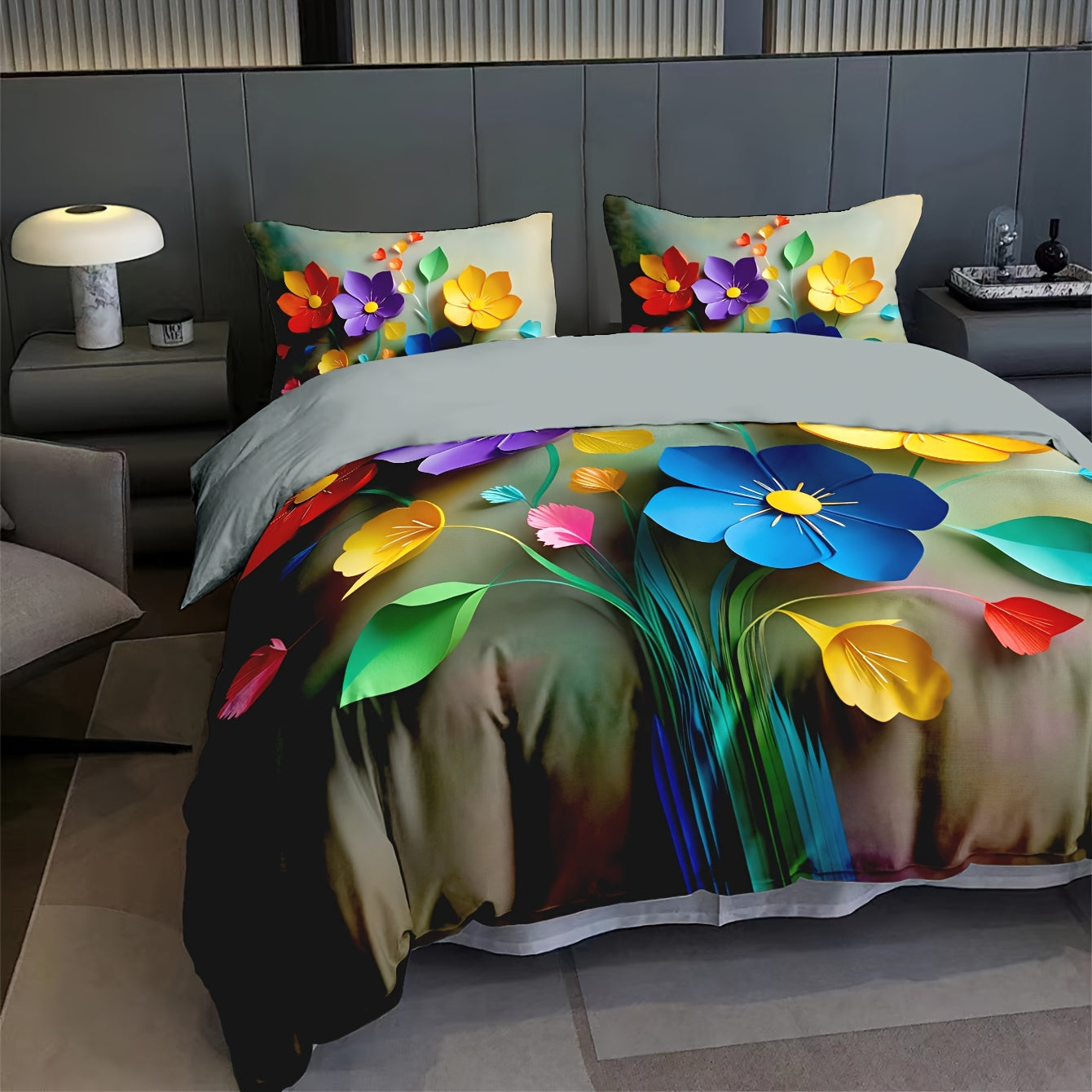 3D Floral Pattern Duvet Cover Set includes 1 Duvet cover and 1/2 Pillow cases made of ultra soft sanded polyester fabric with digital print. Machine washable and no duvet insert included.