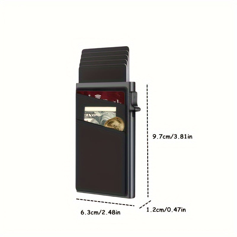 Innovative men's black aluminum wallet with RFID blocking, dual layer back, and card holder.