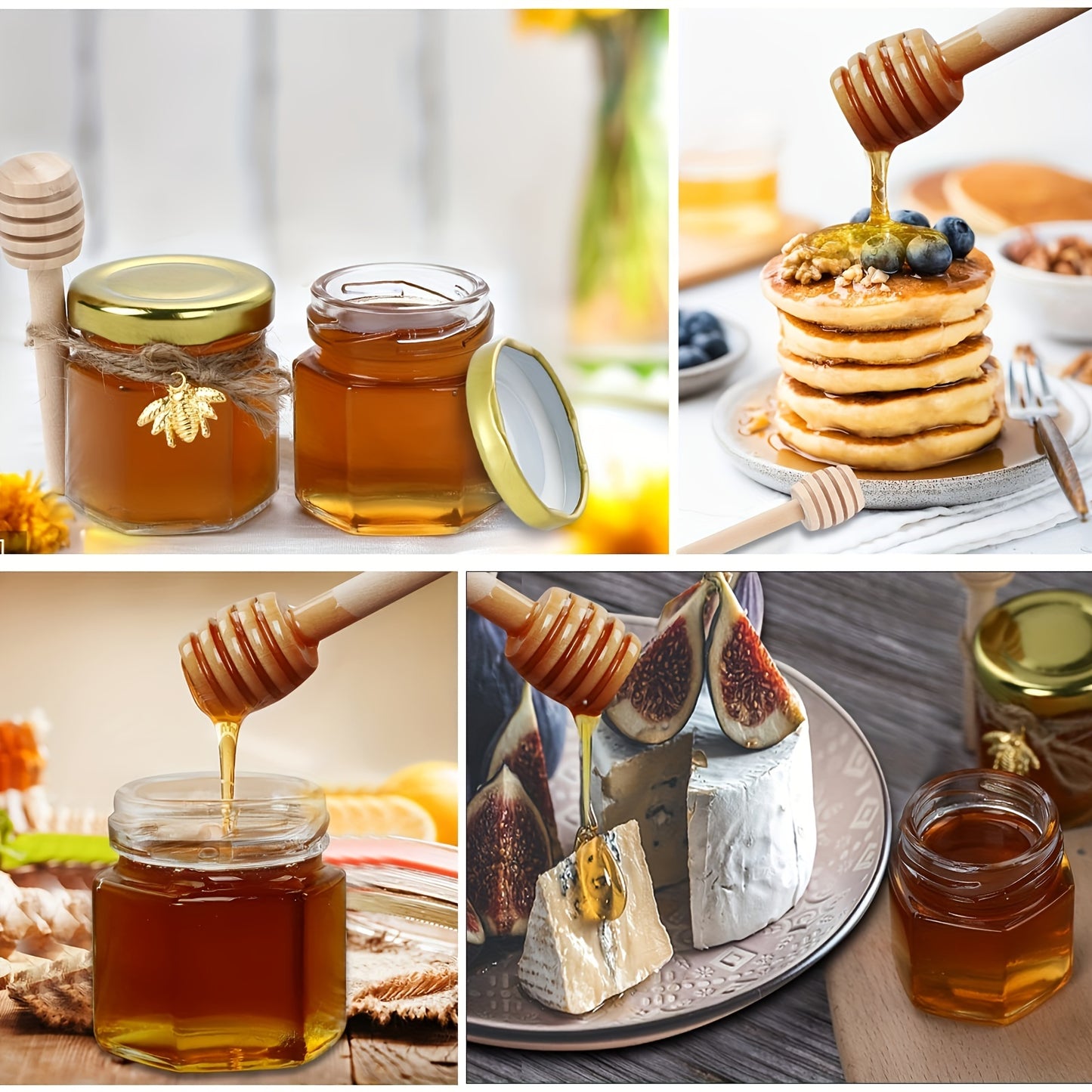 Stylish hexagonal glass jar with gold lid and wooden bucket ideal for preserving food and serving at events. Available in various packaging options for weddings, bridal gifts, and family gatherings. Also great for storing honey creatively.