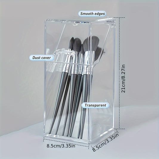 Clear acrylic desk organizer with lid for makeup brushes and pens. Transparent design for easy access and visibility. Made of clear acrylic material.