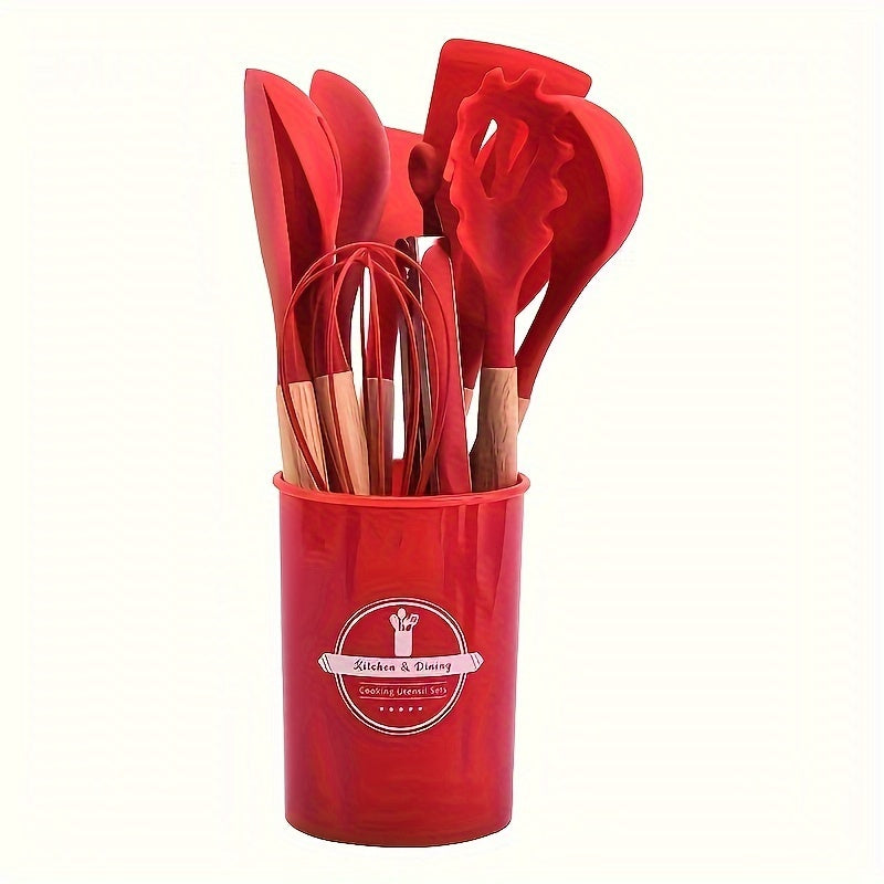 Premium Silicone Kitchen Utensil Set with Wooden Handles - Includes 6 essential pieces: Turner, Spoon, Spatula, Brush, and Whisk. Heat Resistant and Non-Stick Cookware Safe, BPA-Free.