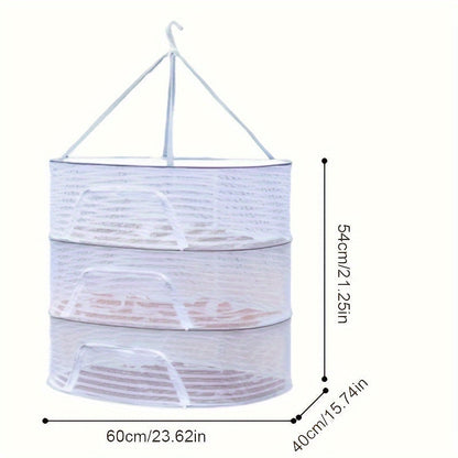 The 3-Tier Collapsible Drying Net is a versatile outdoor basket perfect for drying clothes and foods. It features a zippered design and anti-mosquito mesh pocket, making it ideal for drying shrimp, fish, fruits, vegetables, and herbs. Available in white