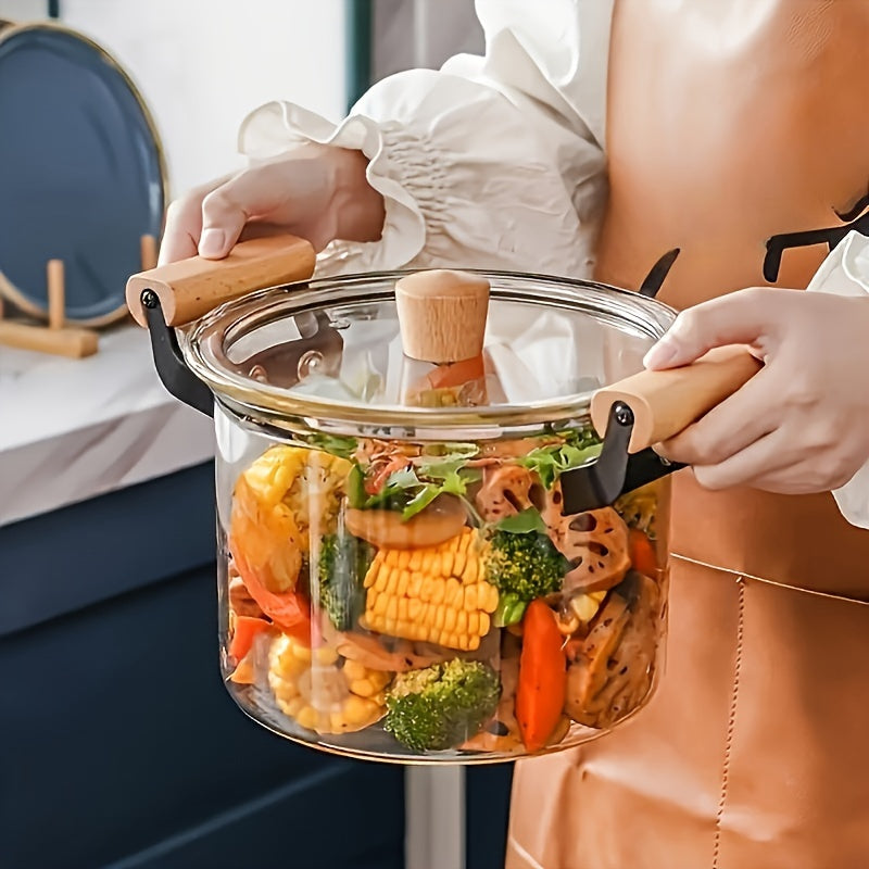 Transparent Soup Pot with Lid and Dual Wooden Handles for Easy Cleaning - Made of Durable High Borosilicate Glass, Perfect for Everyday Kitchen Use.