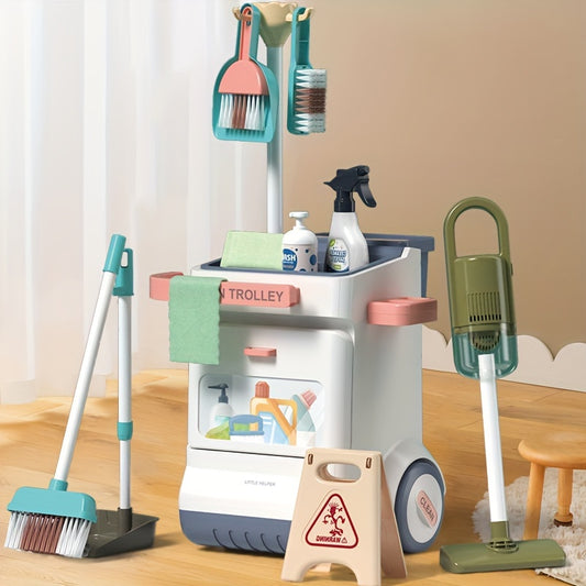 Children's cleaning play set includes vacuum cleaner and 20 piece housekeeping toy kit made of durable PP material.