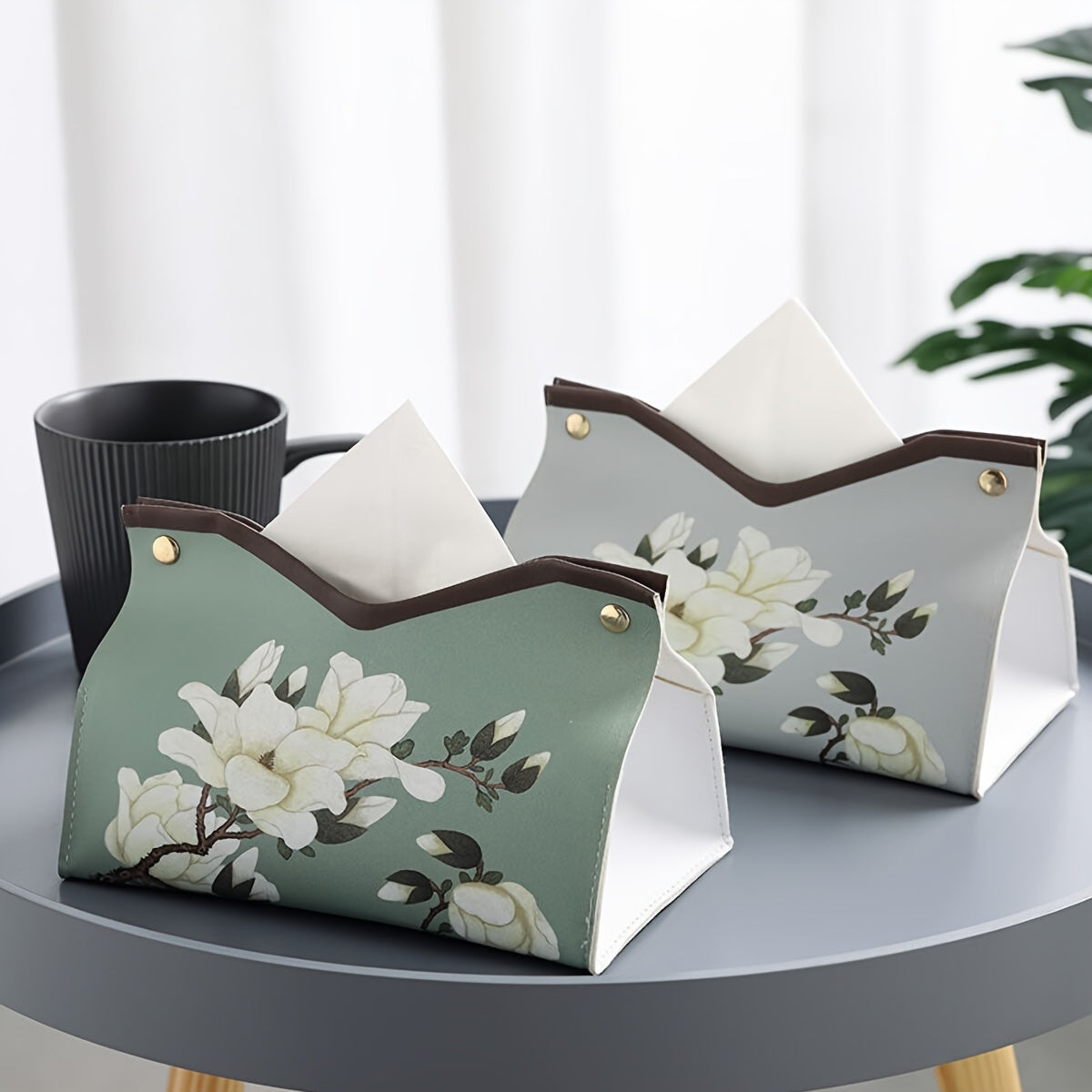 PU leather tissue box with floral print, suitable for bathroom or living room décor.