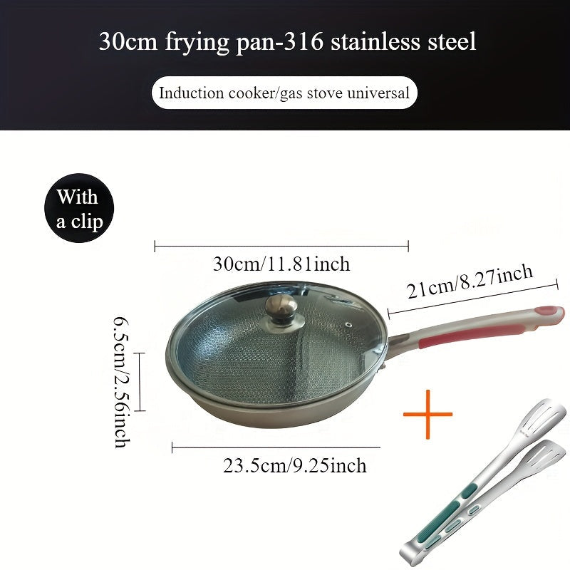 One-piece frying pan made of durable 316 stainless steel, featuring a honeycomb pattern that resists scratches and ensures non-stick cooking. Provides even heat distribution with minimal oil and smoke. Compatible with all stovetops and comes with a lid.