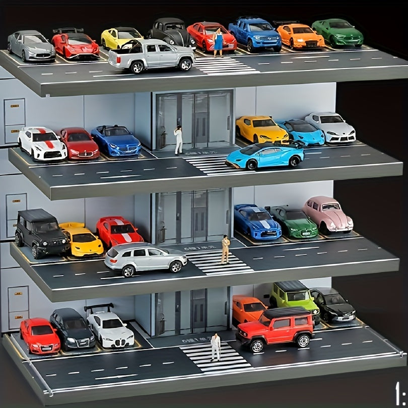 Black PVC 1:64 Scale Model Car Garage Display Case with manual operation and transparent dustproof cover. Features LED lighting, parking lot scene, and stereo model car storage. Perfect for