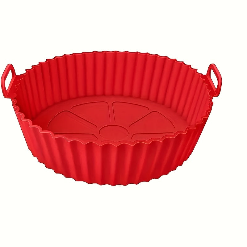 Reusable, non-stick silicone air fryer basket liner designed for 3QT-5QT air fryers. Heat resistant up to 240°C, perfect for baking and cooking. Available in blue and black, ideal for holiday parties and everyday kitchen use. Portable and folding with a