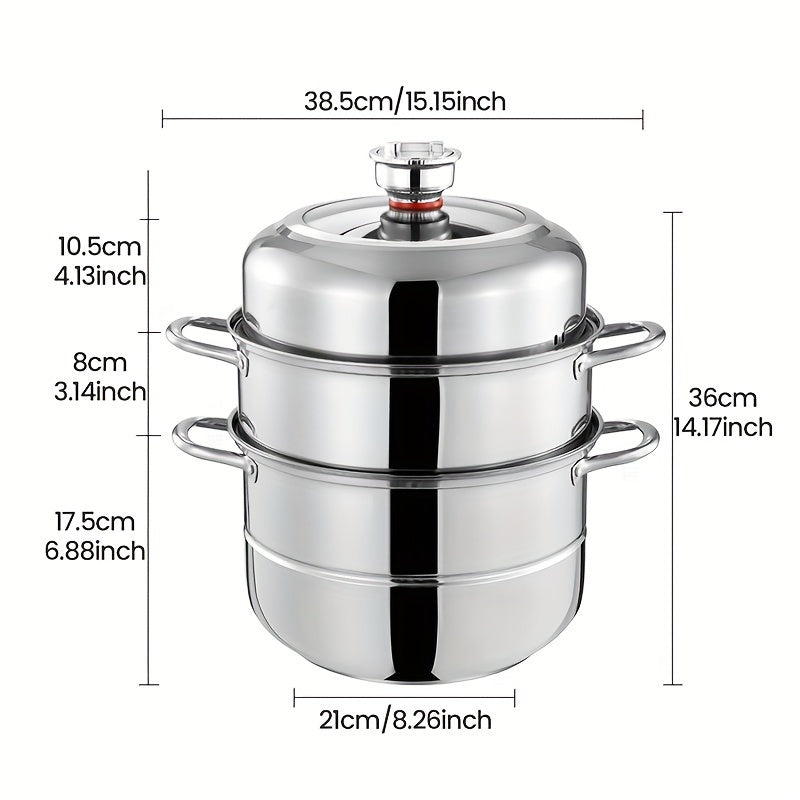 This versatile stainless steel steamer set includes a three-layer design with 1 soup pot, 1 steamer, 2 steamer plates, and 1 pot lid. With a deep capacity and multifunctional capabilities, this cooking pot can steam, boil, stew, and make soup with ease.