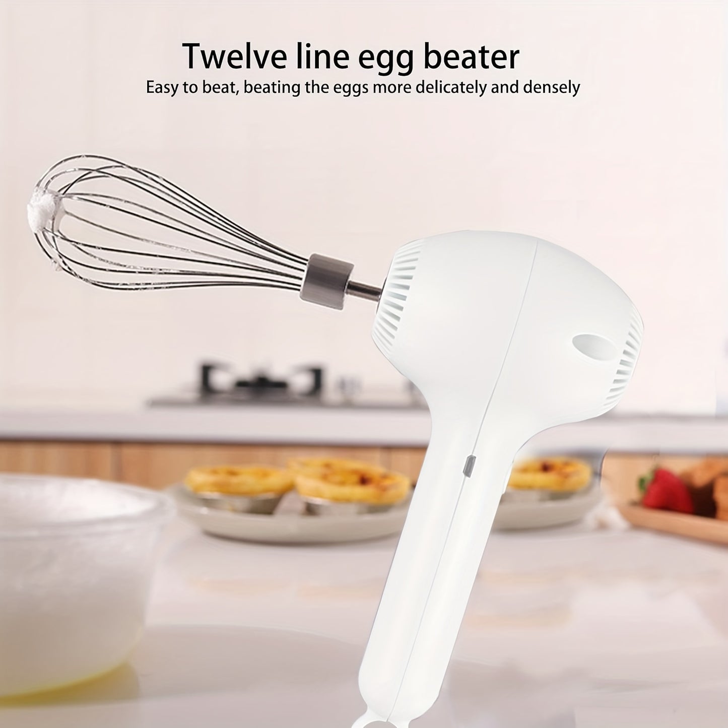 Rechargeable electric eggbeater and whisk for home bakers and professionals, cordless and portable, perfect for cakes, cookies, muffins, and more.