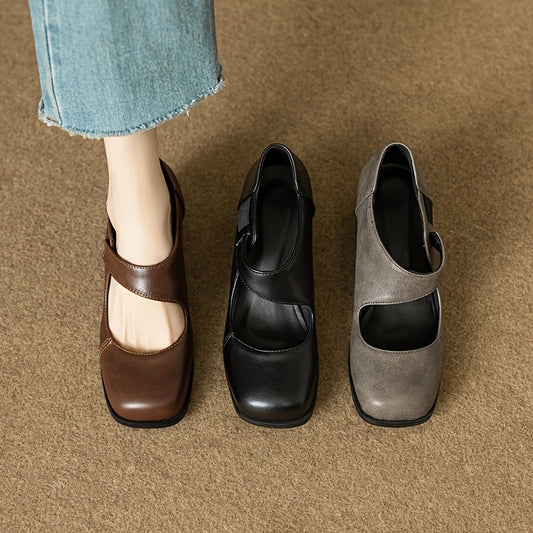 Vintage Mary Jane pumps for women with solid color, square toe, block heel, and all-weather grip. Classic retro style ideal for work.