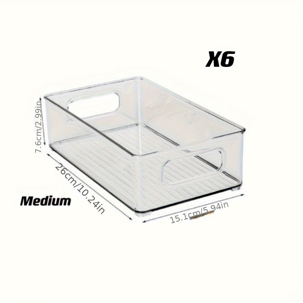 Lachesis Stackable Refrigerator Organizer Bins Set includes 2 large and 2 small bins, made of clear plastic with handles. These bins are versatile and can be used in the fridge, freezer, pantry, cabinets, drawers, or shelves for organizing fruits and