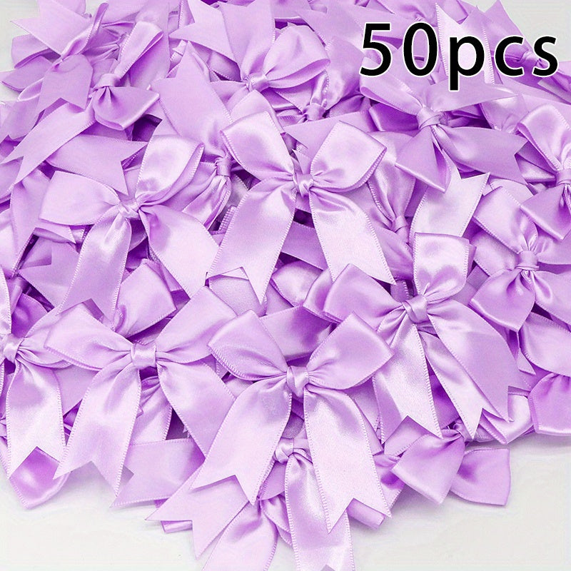 50 pieces of small pink and white satin ribbon bows measuring 8.38cm x 8.38cm for DIY crafting, gift tying, wedding decorations, and baking.