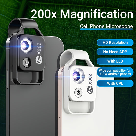 Apexel 200X Magnification Microscope Lens with LED Light, CPL Filter. Clip-on for most smartphones. Ideal for lab work, jewelry appraisal, outdoor exploration.