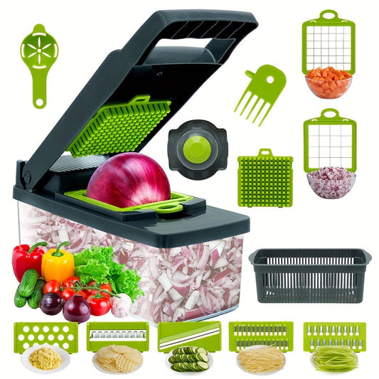 The Multifunctional Vegetable & Fruit Slicer Set includes 16 pieces and is a manual food processor with interchangeable blades. It also comes with a container and is perfect for slicing onions, potatoes, and more. This essential kitchen gadget is