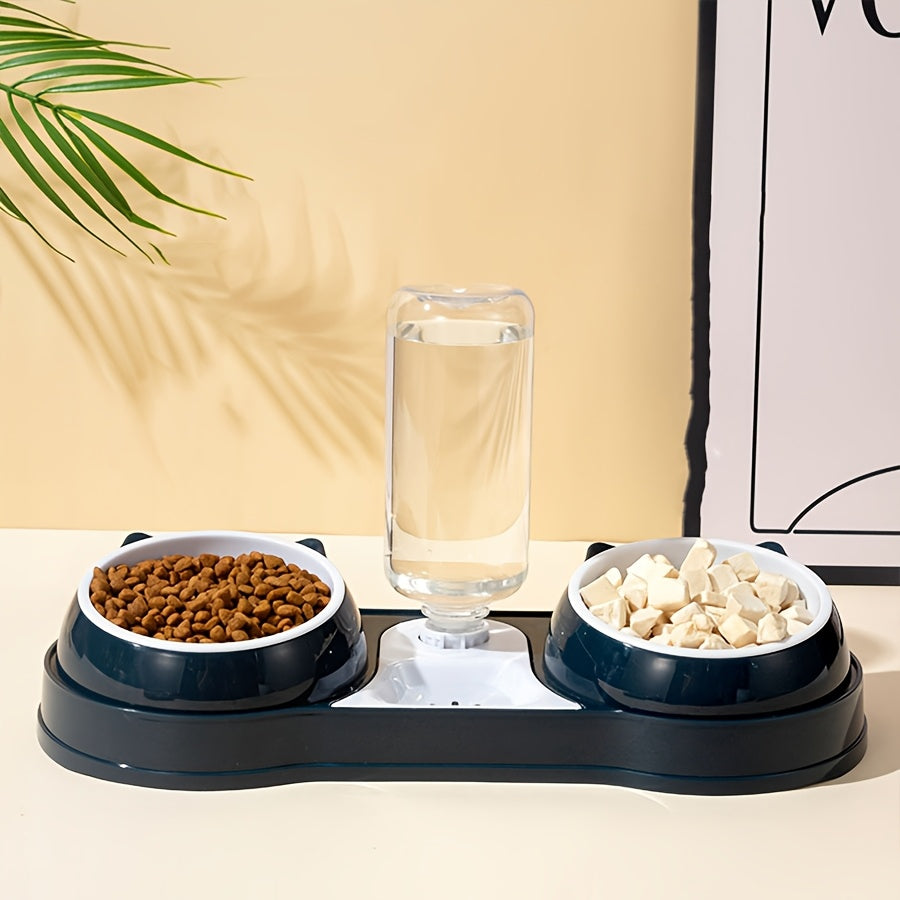 Elevated cat feeder with automatic water dispenser and tilted design for neck comfort, includes dry food and treat bowls, made of durable plastic, ideal for cats.