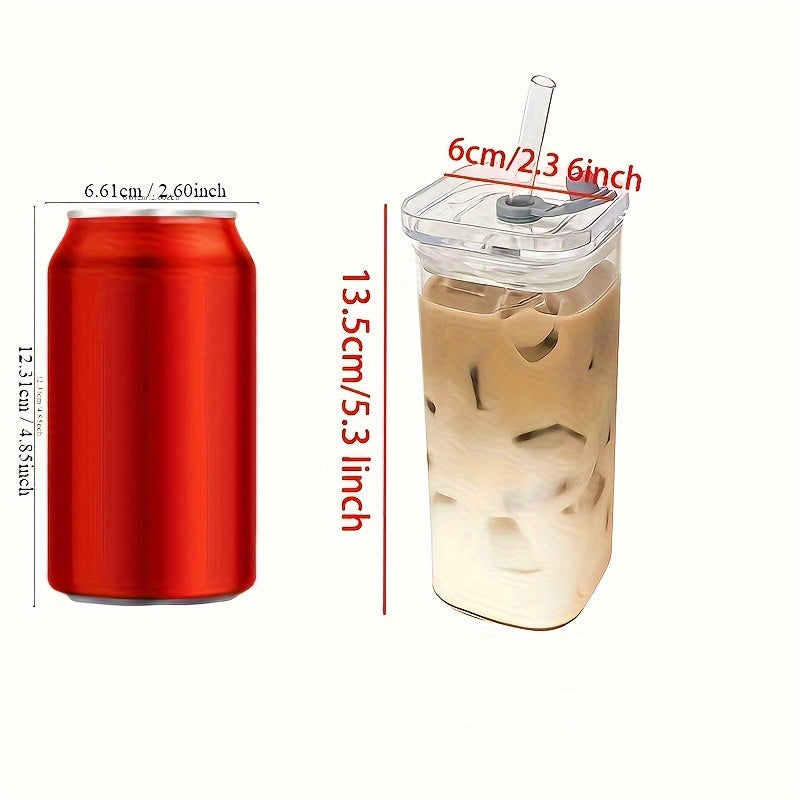 Stylish 400ml Square Glass Coffee Mug with Lid & Straw - Resistant to Heat, Ideal for Iced Coffee, Milk, Beer - Clear Drinkware, Essential Coffee Bar Accessories