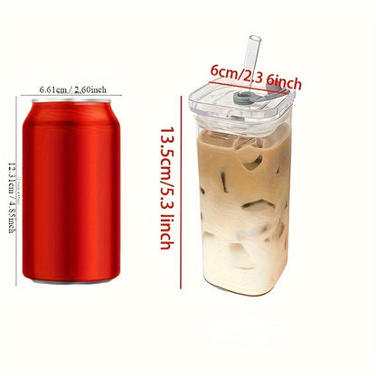 Stylish 400ml Square Glass Coffee Mug with Lid & Straw - Resistant to Heat, Ideal for Iced Coffee, Milk, Beer - Clear Drinkware, Essential Coffee Bar Accessories