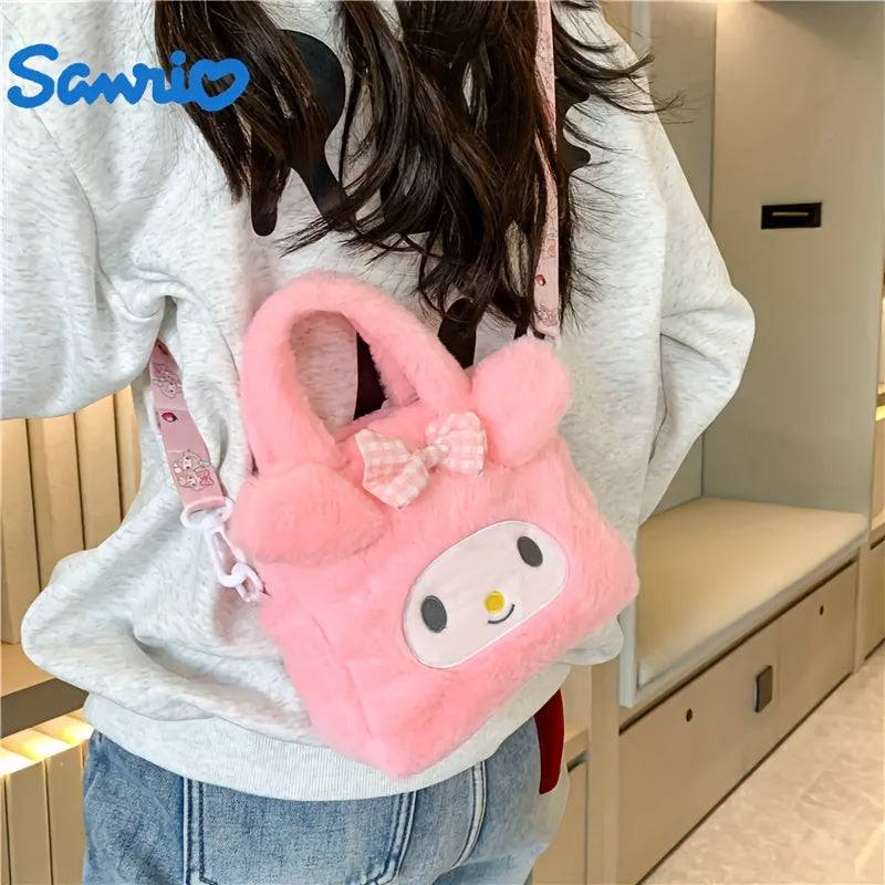 Sanrio plush handbag with Hello Kitty, for Kuromi, My Melody, and Cinnamoroll wallets, and cute fluffy crossbody bag from anime series.