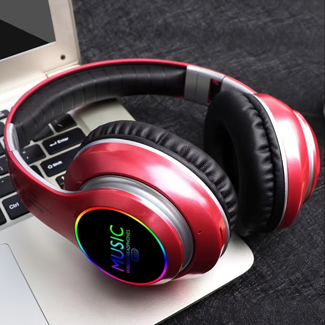 Wireless gaming headphones with deep bass, foldable lightweight design, compatible with 3.5mm audio cable. Features push button volume control, condenser mic, non-waterproof design, USB