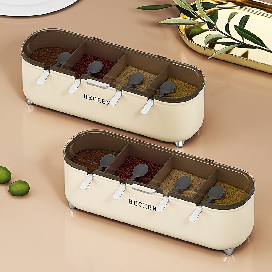 Season your meals with ease using this convenient 1-piece seasoning box. It features 4 compartments, a lid, and a spoon for easy access to your favorite spices, salt, and sugar. Keep your kitchen organized with this versatile storage container for all