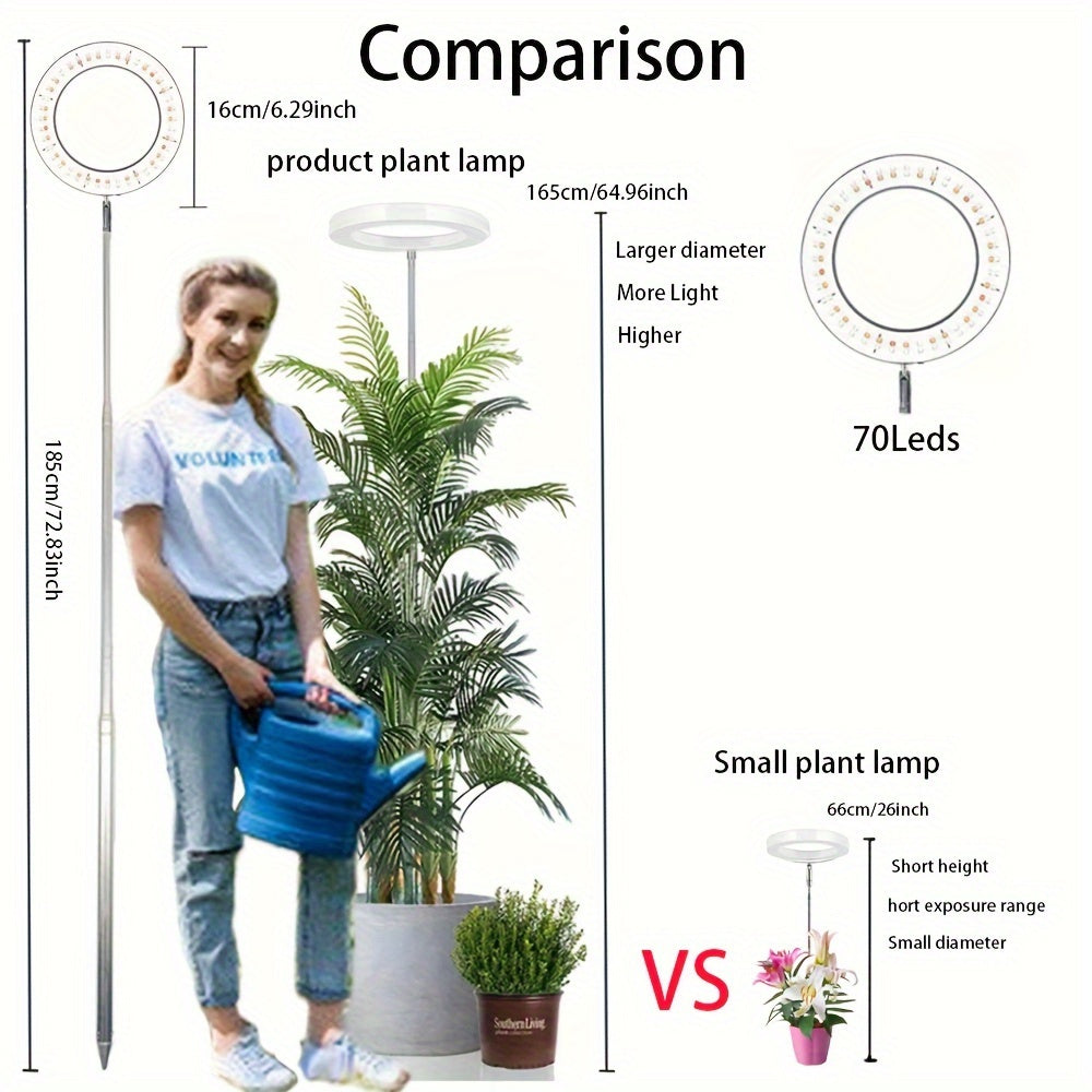 Adjustable USB-powered LED indoor plant growth lamp with automatic timer (3/9/12H settings) and adjustable height of 165.0 cm.