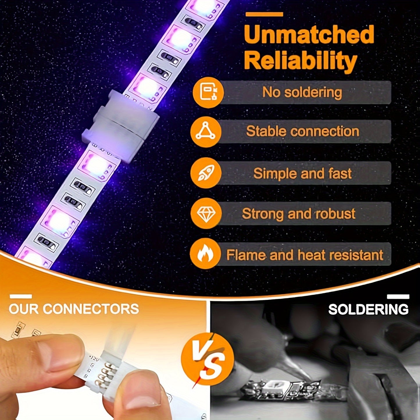 20 4-pin LED strip connectors for easy, solderless connection and disconnection of 10mm wide SMD 5050 RGB light strips. Adjustable with no power connection required. Ideal for strip lights.