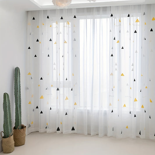 Modern geometric triangle sheer curtains in white polyester with an arts & crafts theme, suitable for girls room, living room, or bedroom. Machine washable, unlined, and featuring a decorative rod pocket embroidered panel.