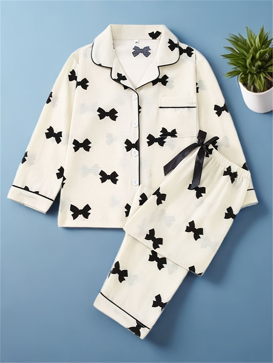 Spring and autumn girls' pajamas set with colorful long-sleeved top and long pants. Casual, cute, and comfortable with simple button and bow design on pants.